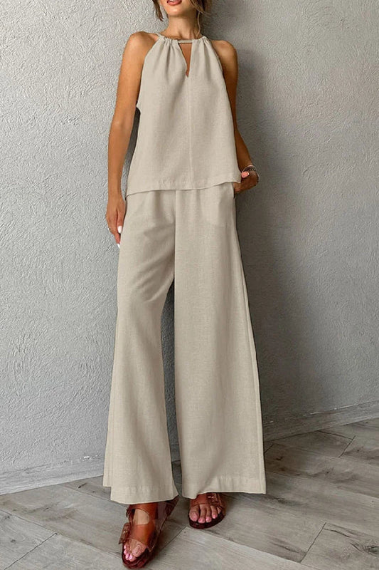 Cotton and Linen Cut-out Lace-up Vest \u0026 Wide-leg Pants Two-piece Set