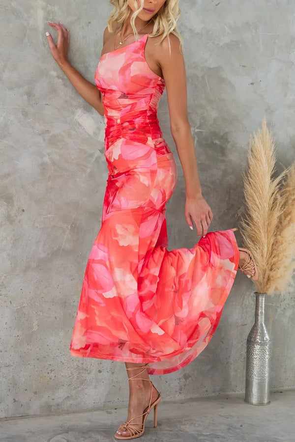 Deja Mesh Overlay Print One Shoulder Ruched Stretch Maxi Dress