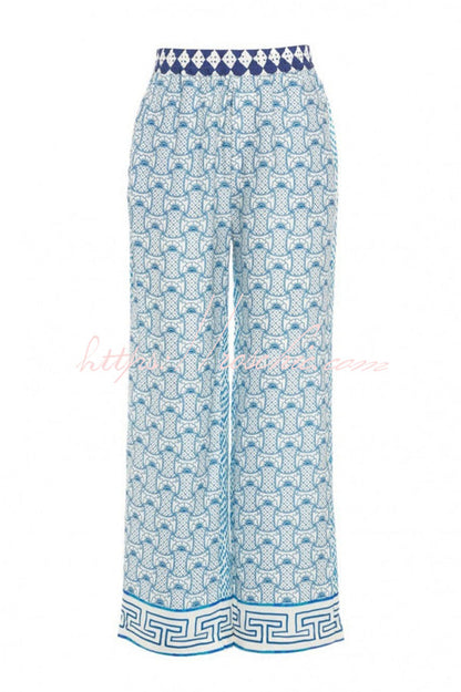 Unique Dragon Print Short Sleeve Loose Shirt and Elastic Waist Pocket Pants Silk Satin Set