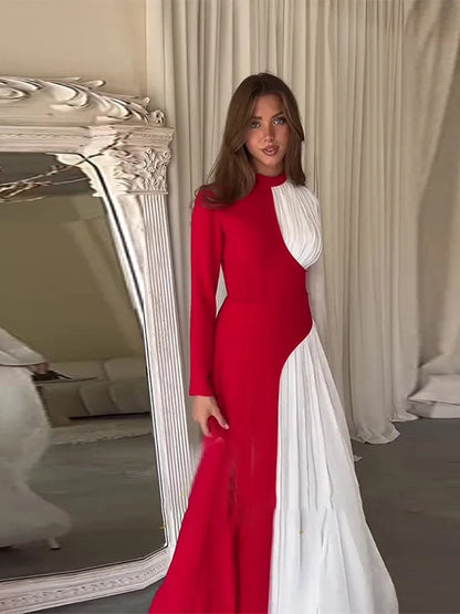 Contrast Patchwork ’s Long Dress Half High Collar Full Sleeve Waistband Vestidos New Female Commute