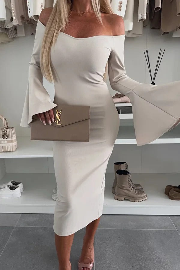 Color Off-shoulder Trumpet Sleeve Slim Midi Dress