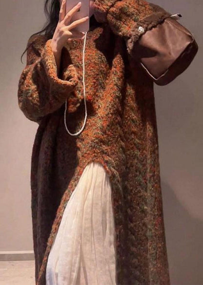 Handmade Coffee O-neck Asymmetrical Cotton Knit Long Sweaters Winter Wv024