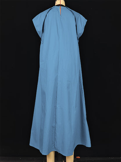 A-line Loose Pleated Tied Round-neck Midi Dresses