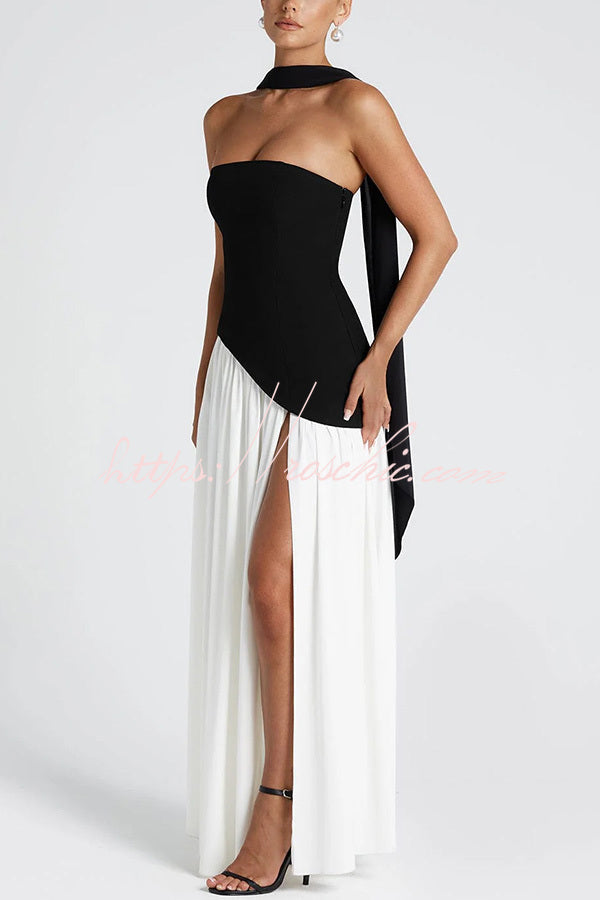 Off Shopulder Chiffon Pleated Hem Scarf Slit Maxi Dress