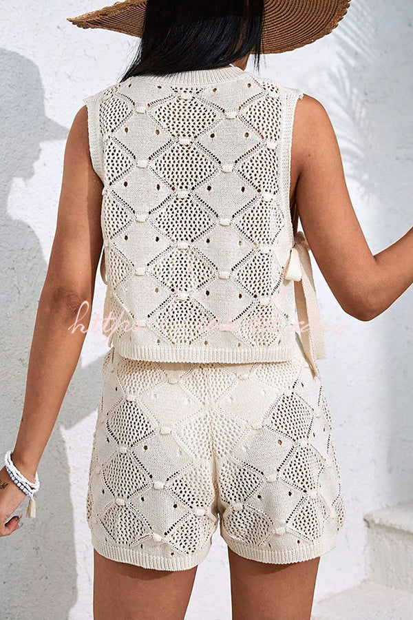 Color Sleeveless Tie Knitted Vest and Loose Elastic Waist Drawstring Shorts Set