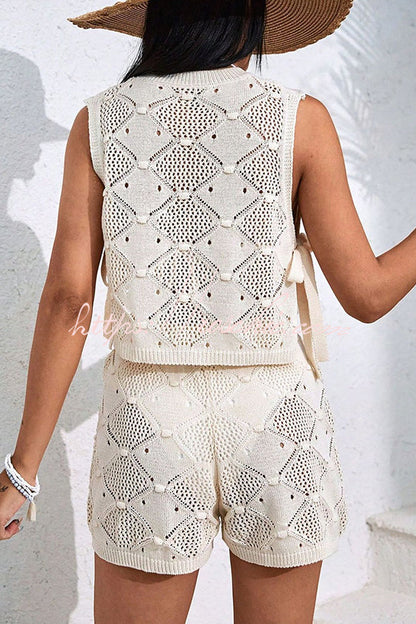 Color Sleeveless Tie Knitted Vest and Loose Elastic Waist Drawstring Shorts Set