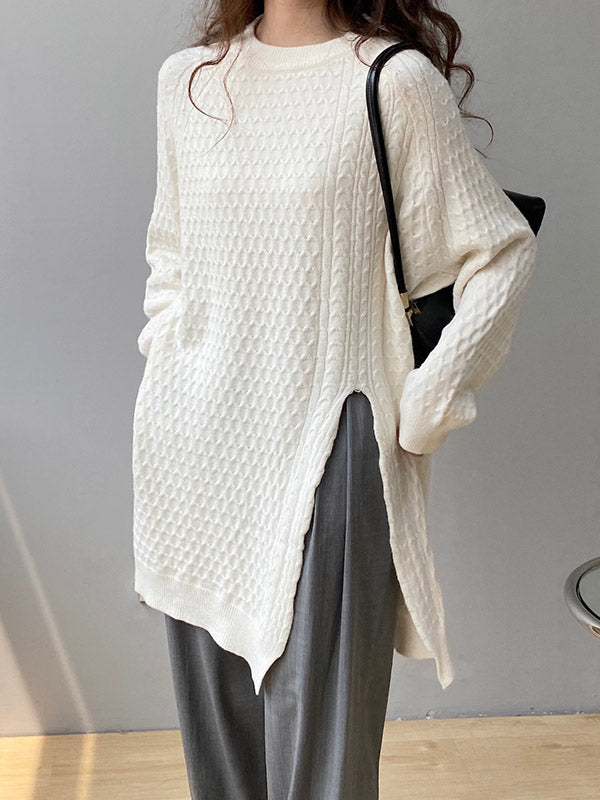 Retro Oatmeal Round-neck Split-side Long Sleeve Twist Knit Sweater An1045