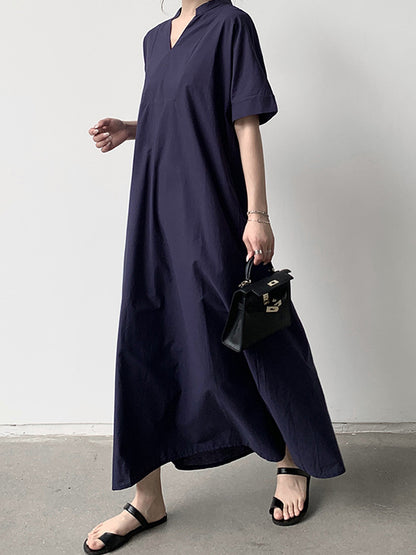 Loose Short Sleeves Color V-neck Maxi Dresses