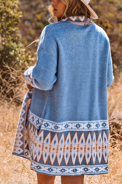 Vzyzv Sweaters Blue Aztec Print Open Front Knitted Cardigan