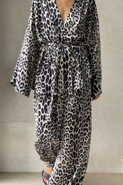 Printed Long-sleeve Shirt Belted Wide-leg Pants Two Piece Set