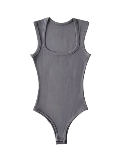 ’s Slim Square Collar Sleeveless Bodysuit Shoulder Vest Jumpsuit Backless Pullover Top