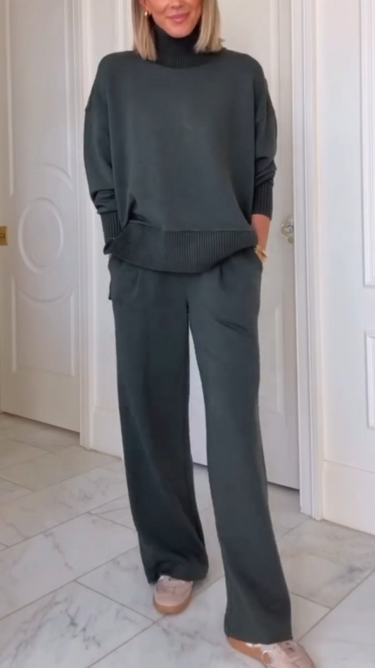 High-neck Stitching Knitted Side Zipper Top + Pants Suit