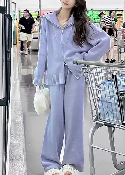 Purple Zip Up Sweaters and Pants Knit Two Pieces Set Winter Wv016