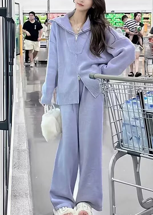 Purple Zip Up Sweaters and Pants Knit Two Pieces Set Winter Wv016