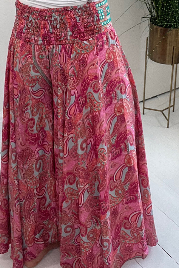 Paisley Print Elastic Patchwork Waist Lightweight Pants