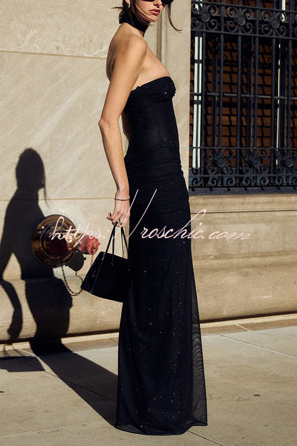 Slightly Translucent Sequined Off-shoulder Slim Fit Fishtail Maxi Dress