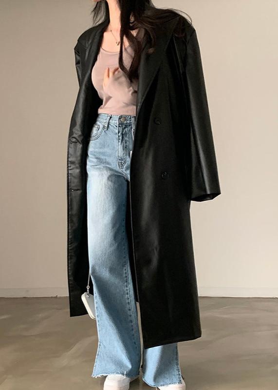 Retro Black Pu Leather Trench Coat - Double-breasted