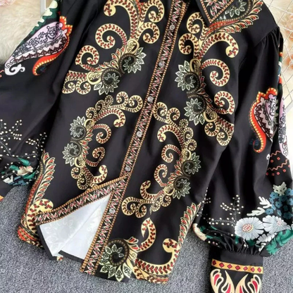 Retro Black Lapel Field Totem Print Buttoned Lantern Sleeve Blouse Ar1004