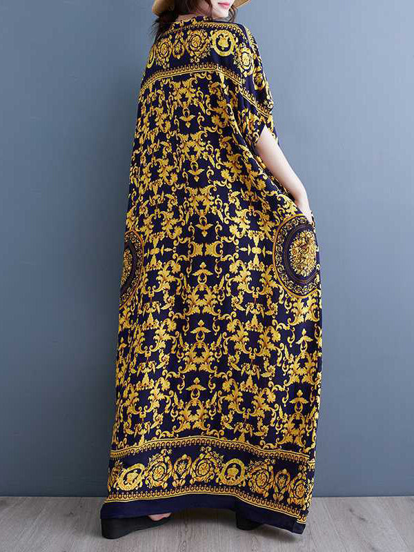 A-line Batwing Sleeves Printed V-neck Maxi Dresses