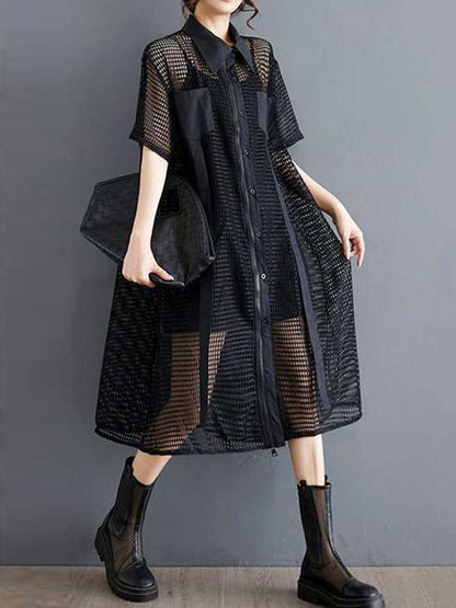 Half Sleeves Loose Hollow Color Split-joint Zipper Lapel Midi Dresses Shirt Dress