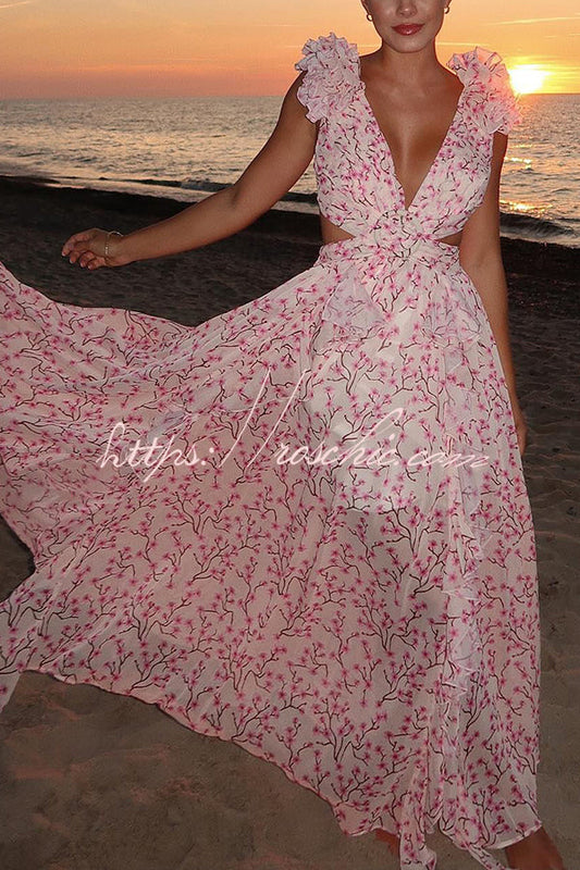Lost in the Melody Chiffon Printed Flutter Sleeve Cutout Back Lace-up Maxi Dress
