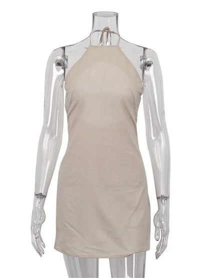 Female Backless Mini Dress Lace-up Basic Hanging Neck Patchwork Off-shoulder Dress Dress