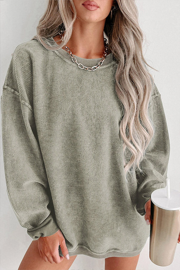 Ribbed Round Neck Pullover Sweatshirt
