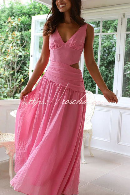 Color V-neck Waist Hollow Slim Maxi Dress
