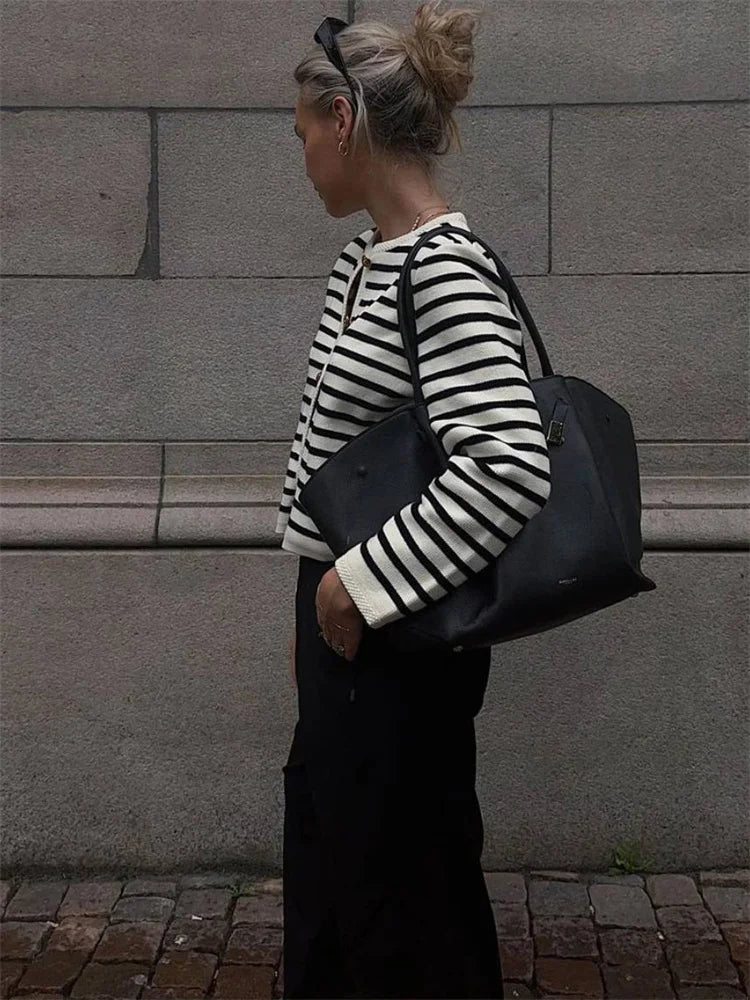 Striped Knit Sweater Cardigan Coat Female Loose Long Sleeve Slim Patchwork Contrast Outwear Summer Knitwear Coat