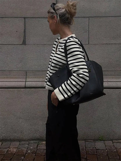 Striped Knit Sweater Cardigan Coat Female Loose Long Sleeve Slim Patchwork Contrast Outwear Summer Knitwear Coat