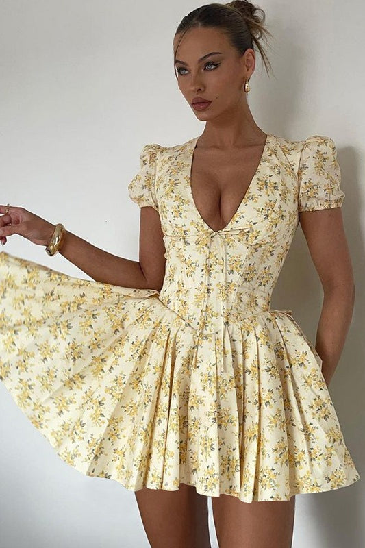 V Neck Ruched Mini Dress