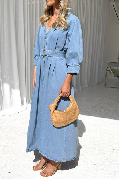 Waist Button-down Denim Maxi Dress