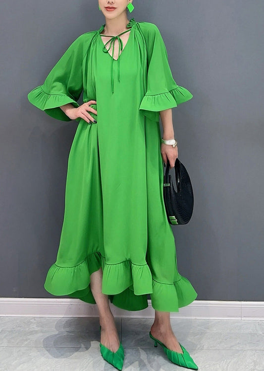 Green Tie Lace Patchwork Maxi Dresses Fall Ao1029
