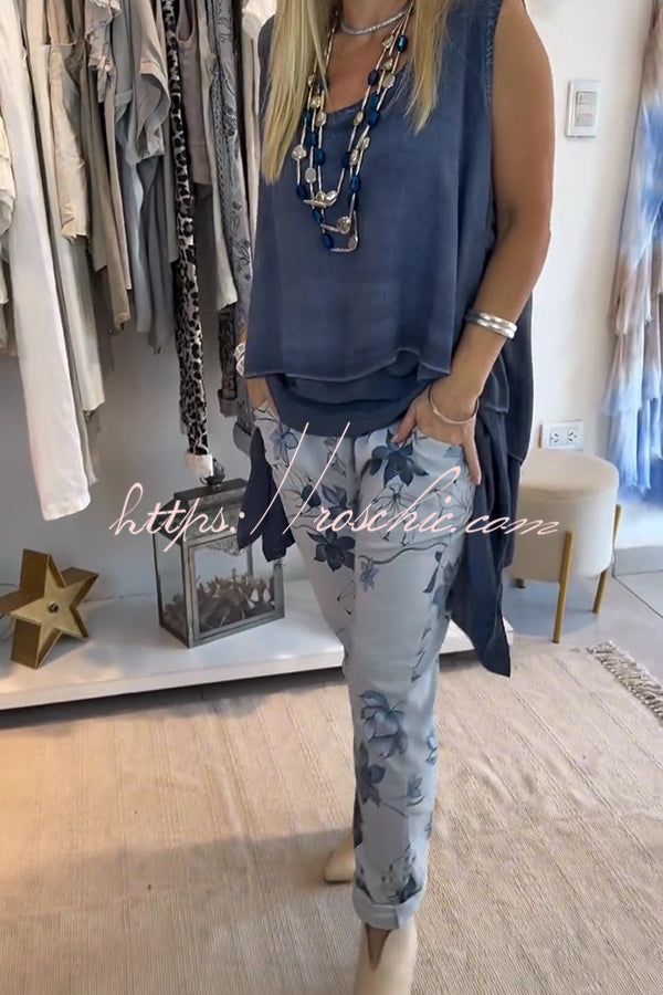Botanical Print Elastic Waist Pockets Pants