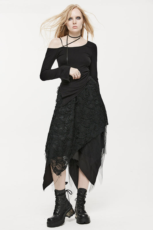 Style Dry Butterfly Asymmetrical Half Mesh Burnt and Tattered Black Skirt