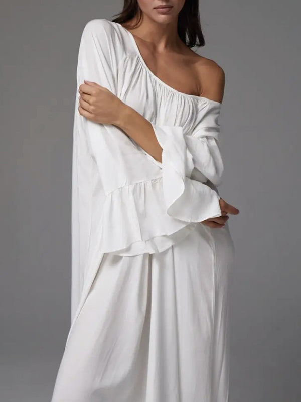 A-line Flared Sleeves Pleated Color Split-joint Round-neck Maxi Dresses