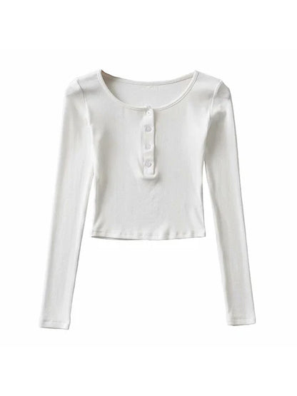 ’s Spring Autumn Slim Crop Tops Color Long Sleeve Button Down T-shirt Basic Tee Harajuku Tops