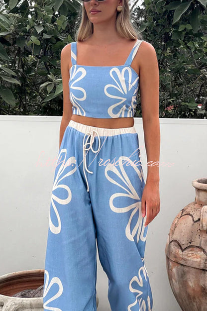 Print Suspender Back Pleated Top and Elastic Waist Drawstring Pants Set