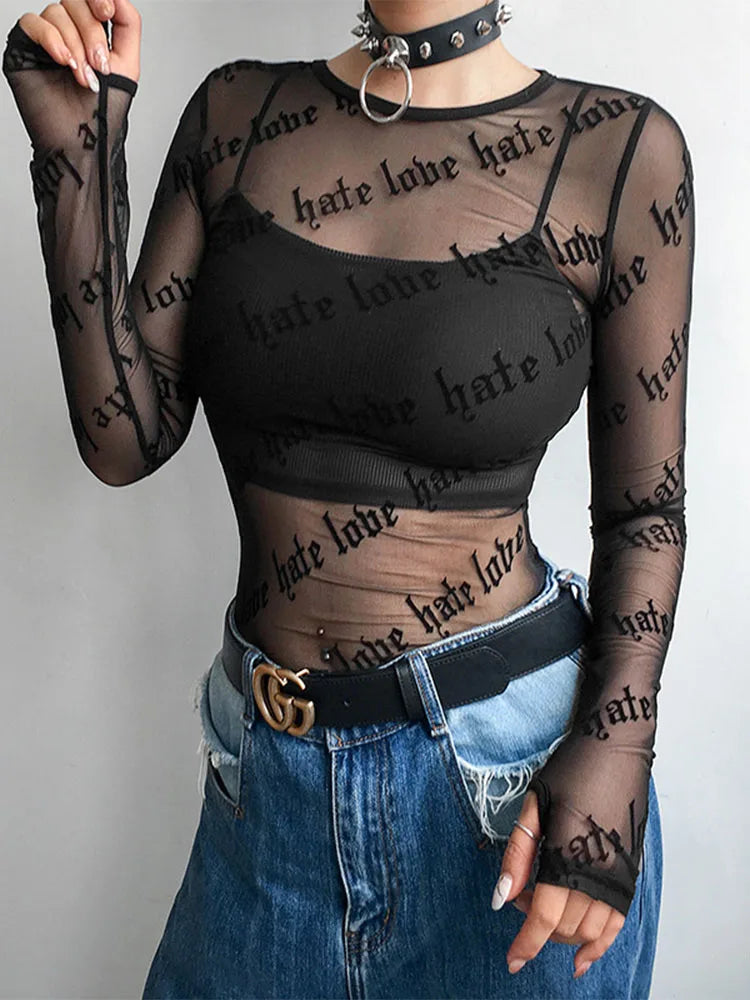 Mesh T-shirts See-through Perspective Tshirt Letter Printed O Neck Transparent Long Sleeve T Shirt Tops