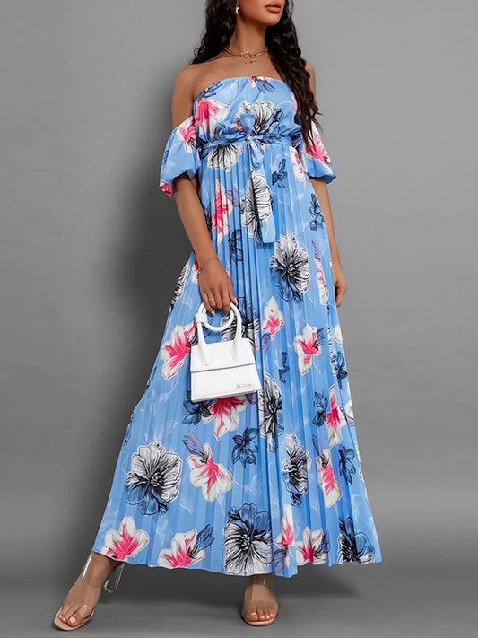 A-line Loose Elasticity Flower Print Pleated Split-joint Tied Waist Off-the-shoulder Maxi Dresses