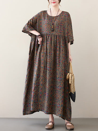 Vacation Loose Half Sleeves Printed Pleated Round-neck Midi Dresses
