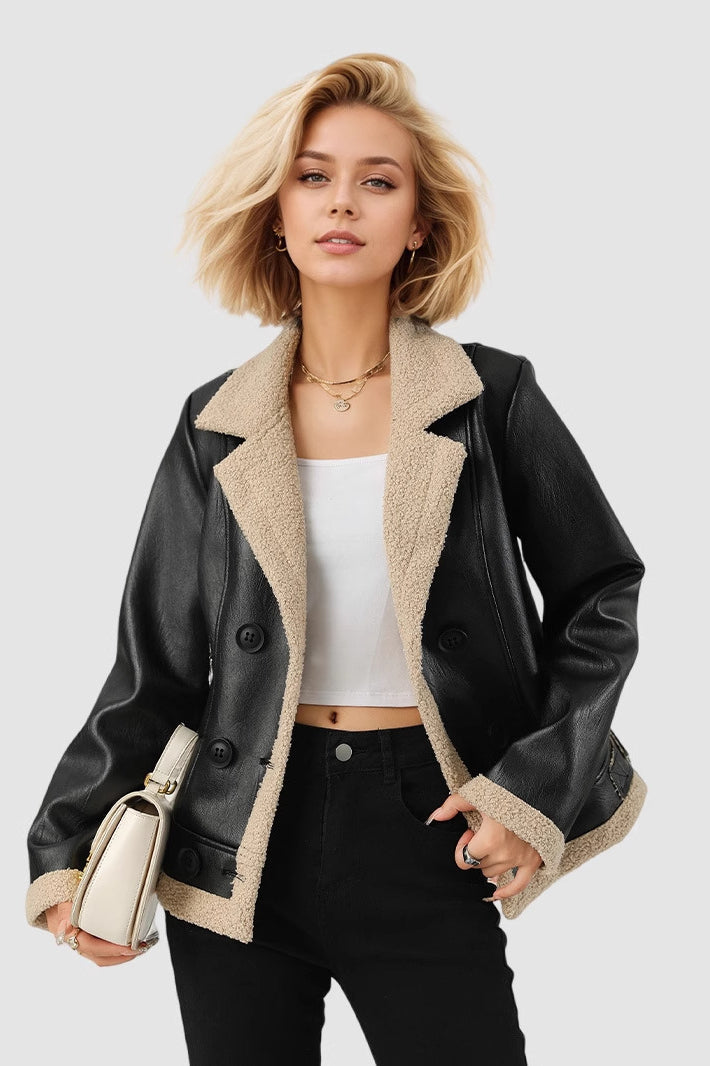 Custom Lapel Lined Pu Leather Coat