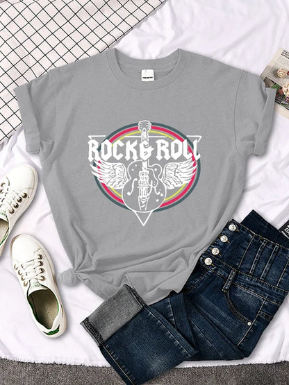Rock Roll Electric Guitar Printed T-shirt Comfortable Tops Breathable Cool Short Sleeve O-neck Street Tee Clothing