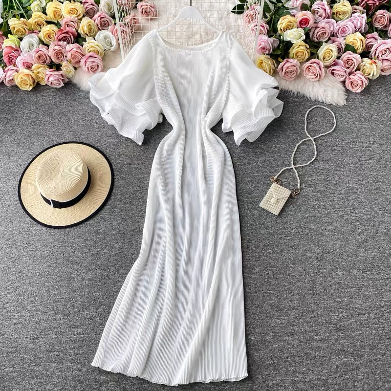Round Neck Purple Ruffled Sleeve Maxi Dress