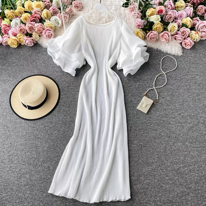 Round Neck Purple Ruffled Sleeve Maxi Dress