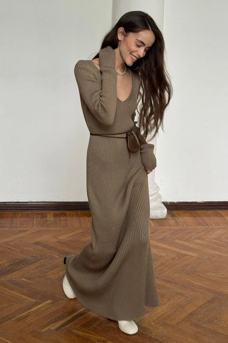 V-neck Long Sleeve Knit Sweater Dress