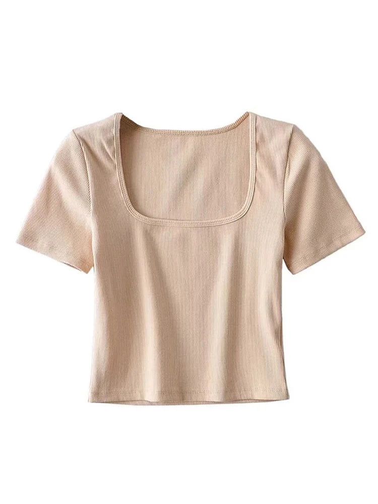 Square Neck Rib Crop T-shirt Short Sleeve Crop Top