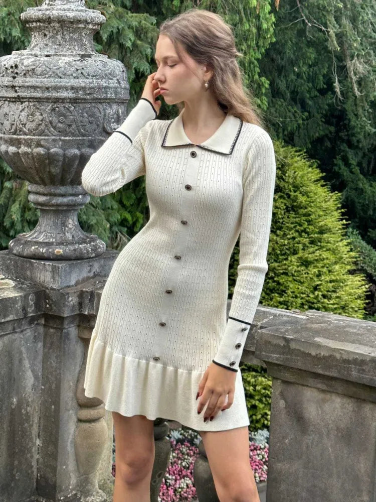 Knitted Sweater Button Elastic Slim Dress Lotus Leaf Edge Bodycon Long Sleeve Fall New Female Vestido