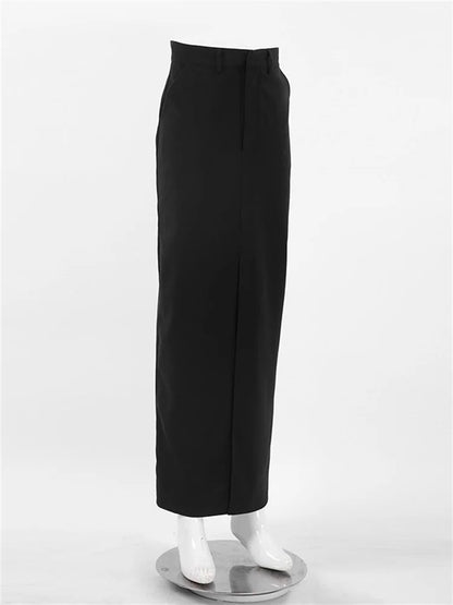 Black Long Skirt for High Waist Slim Bodycon Skirts Split Out Basic Straight Maxi Skirt