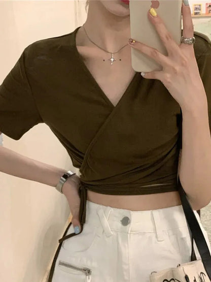 Summer Tee Tops T Shirts V-neck Cropped Cross Tie-up Harajuku Basic Korean Street T-shirts Mujer